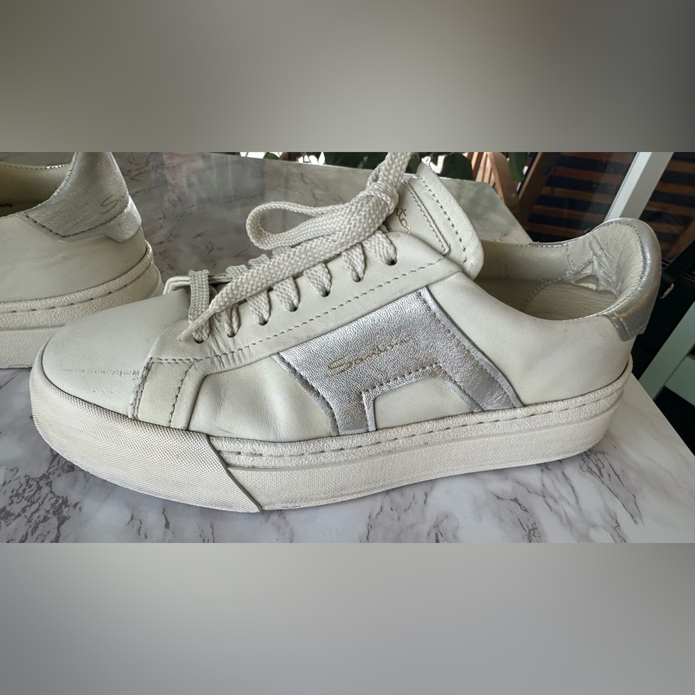 Santoni DBS White Silver Leather Low Top Sneakers Made in Italy EU 37/US 7